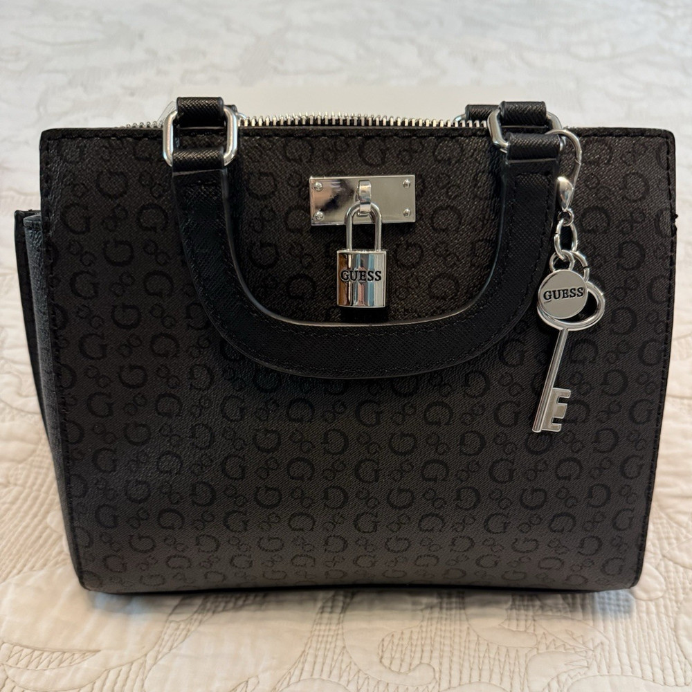 GUESS Black Logo Satchel Top Handle Handbag Padlock Charm Silver Hardware