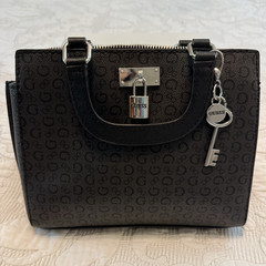 GUESS Black Logo Satchel Top Handle Handbag Padlock Charm Silver Hardware