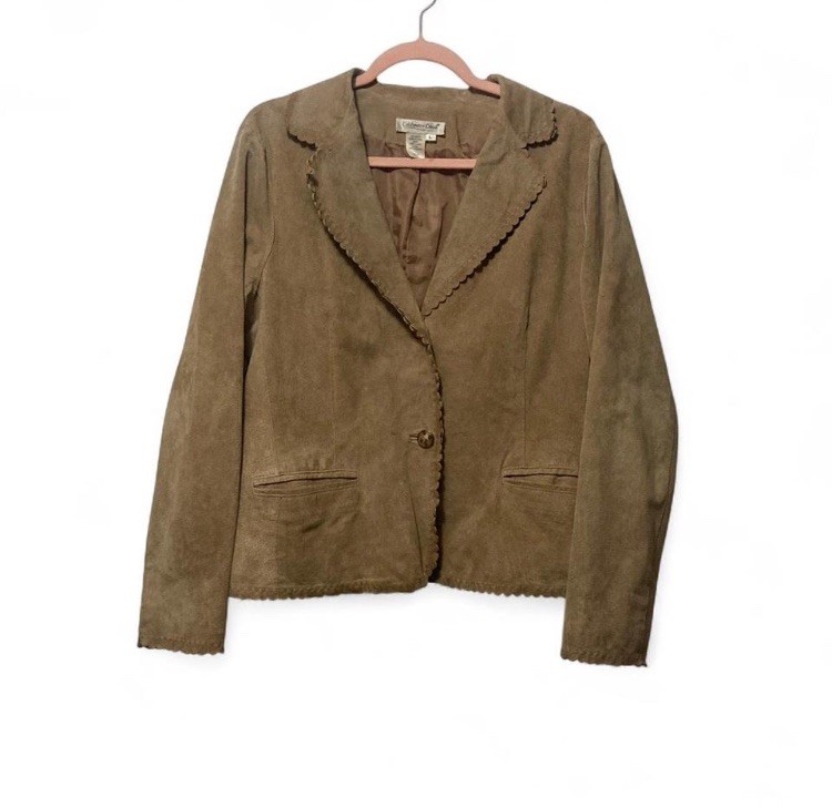 Coldwater Creek Women’s L Brown Leather Button Jacket Scalloped Trim Lined Y2K