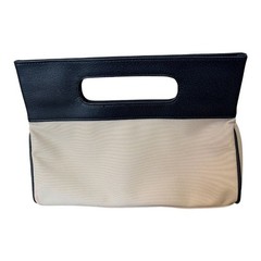 Two-Tone Canvas and Navy Faux Leather Cut-Out Handle Clutch