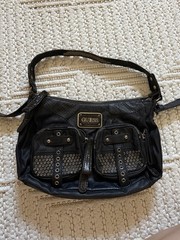 GUESS Black Crescent Shoulder Bag Studded Zip Inner Pockets