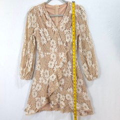 Floral Lace Mini Fuax Wrap Dress Women Ruffle Tan Cottagecore Boho Romantic