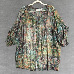 Liz Claiborne Top 3X Green Floral Sheer Button Up Tunic Summer Casual Boho