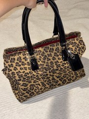 Leopard Print Satchel Top Handle Bag Tan/Black Zip, Detachable Strap, Red Lined