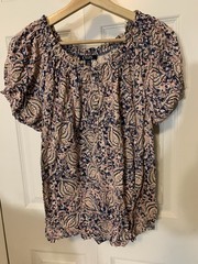 Chaps Womens XL Floral Print Round Neck Cap Sleeve Blouse Top Pink Blue Paisley