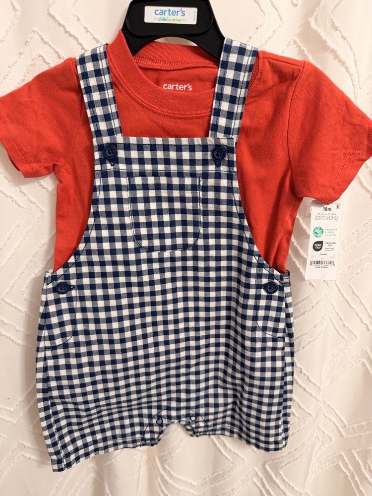Carter’s Child of Mine 2pc Red Tee & Blue/White Gingham Overalls Set 18M