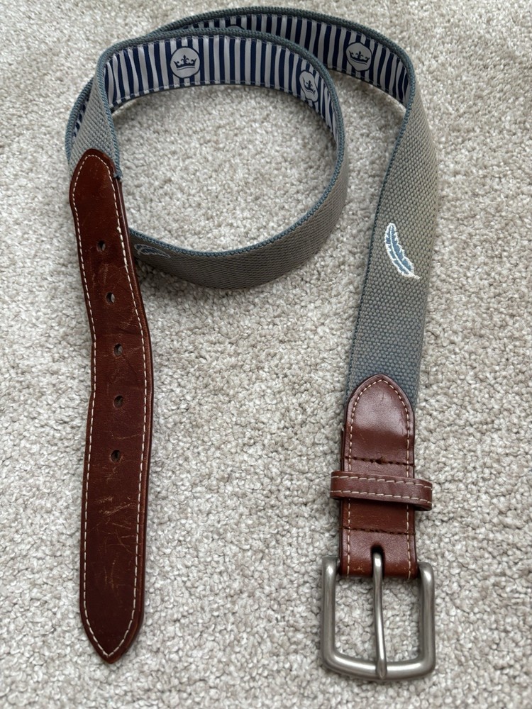 Peter Millar men’s golf Gray Canvas Belt Brown Leather Stripe Brass Buckle 42