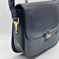 CELINE Shoulder Bag Handbag Horse Black Leather Carriage Purse Vintage Authentic