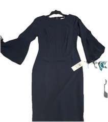 Calvin Klein Navy Solid Sheath Dress Knee Length 3/4 Bell Sleeve Size 2