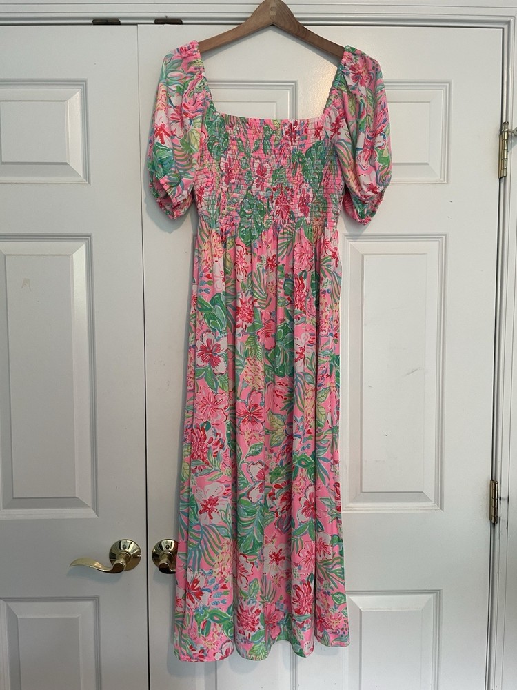 NWT Lilly Pulitzer Selah Smocked Midi Dress Journey to the Jungle Size L