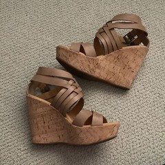 Korks by Kork-Ease Platform Cork Leather Tan Strappy Wedges High Heels Sz 8 EUC