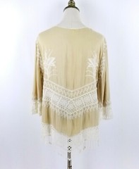 SOLITAIRE Embroidered Blouse Top Size M Beige White Floral Crochet Accent Fringe