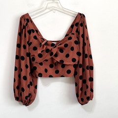 Do+Be Top L Crop Smocked Tie Front Long Sleeve Brown Polka Dot Festival Summer