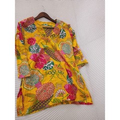 DOLMA Boho Yellow Floral 100% Cotton Kurta Tunic V-Neck 3/4 Sleeve Fits S/M