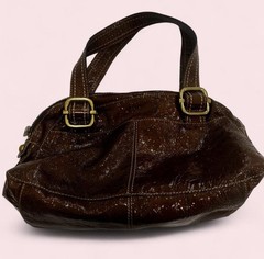Fossil Brown Patent Satchel Top Handle Bag Zip Closure Pockets Gold Hardware