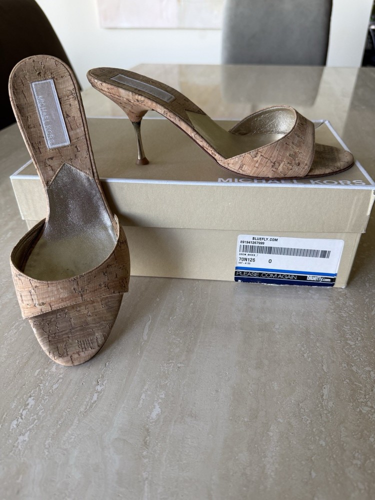 Michael Kors Women’s Beige Cork Open Toe Stiletto Mule Heels 7 M Slip On