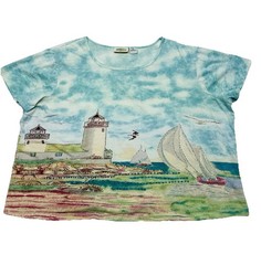 Beach Shore Lighthouse Printed Rhinestone Boxy Top Size XL Coastal Wearable Art