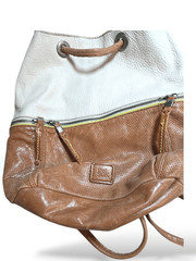 The Sak Leather Drawstring Backpack Bucket Bag Cognac Brown White Mixed Texture