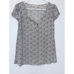 LOFT Ann Taylor V-Neck Flutter Sleeve Blouse Black White Print XS