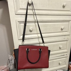 Michael Kors Red/Black Satchel Top Handle Zip Detachable Strap Silver Hardware