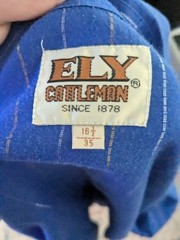 Vtg 80s Ely Cattleman Western Shirt 16.5 35 Blue Gold Lurex Metallic Pearl Snap