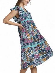 Umgee Floral Ric Rac Midi Dress XL Jade Mix Ruffle Sleeve Boho Cottagecore