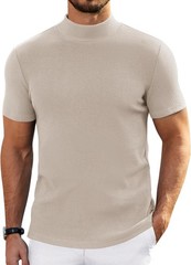 Mens Short Sleeve Mock Turtleneck Sweater Casual Ribbed Knit Pullover Top Tee