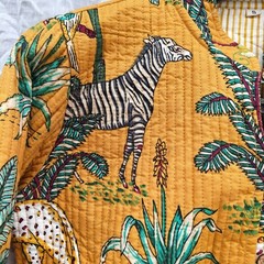 Block Print Cotton Coat, Mustard Yellow Safari Jungle Print Kantha Jacket,