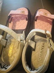 Authentic Chanel CC Sandals White Quilted Leather Hook & Loop Size 39
