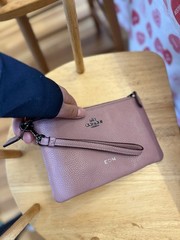 Coach Mauve Pebbled Wristlet with Hot Stamped Custom Initials, Logo, Zip Closure