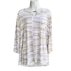 CHICOS 3 Traveler Slinky Knit Tunic Тор XL White Moss Keyhole Geo Print Blouse