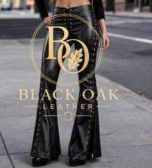 Women’s Black Genuine Leather Flared Pants with Lace-Up Detailing