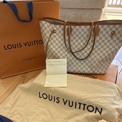 Louis Vuitton Neverfull MM Damier Azur Tote, Dust Bag Box Card, Pockets