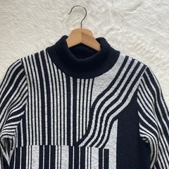 Mame Kurogouchi Multi Stripe Jacquard Knit Dress High Neck Black White Auth