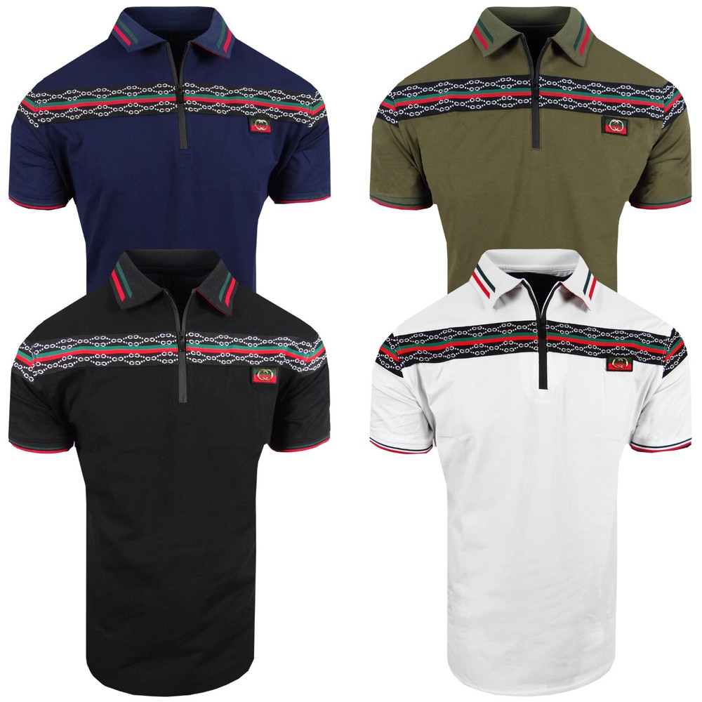 Polo Shirt Mens Embroidered Italian Designer Logo Stripe Zip Collar Slim Stretch