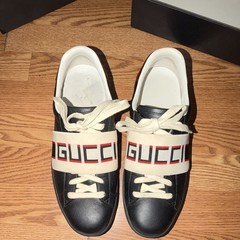 Gucci Men’s Black Leather Lace-Up Sneakers Ecru Logo Strap US 9
