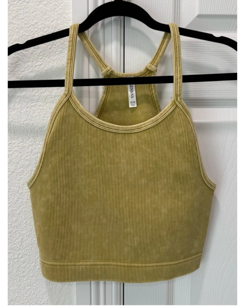 ZENANA Women’s Olive Ribbed Racerback Cropped Tank Scoop Neck Stretch 1X/2X
