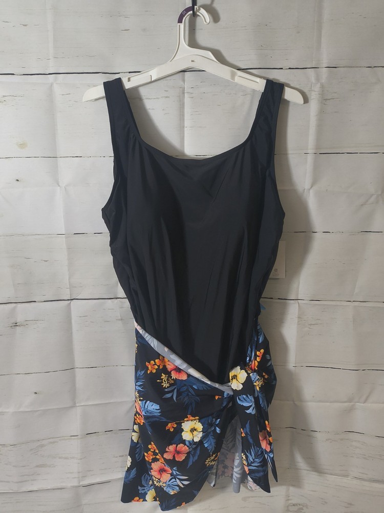 Plus Size 3X Black/Multicolor Floral One Piece Swimdress Wide Strap