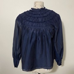 Rebecca Taylor Smocked Silk Cotton Blend Blouse Navy Ruffled Mock Neck Size 2
