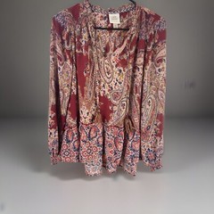 KNOX ROSE Blouse Women’s XS Sheer Red Multicolor Boho Floral Pleated Tasseled
