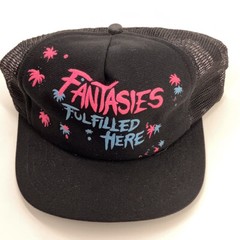 Fantasies Fulfilled Here retro snapback hat black neon pink blue screen printing