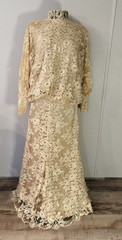 Becky Bisoulis Beige Floral Lace Sequin High Neck Long Sleeve Zip Gown 12