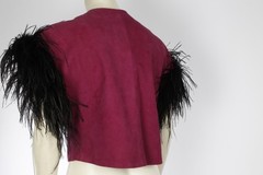 VTG Becky Bisoulis Vest S Burgundy Suede Black Ostrich Feather Cropped Bolero