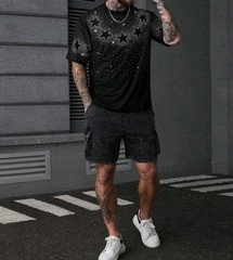 New Men Luxury Diamond Star Rhinestones Fashion Black T-Shirt High Quality