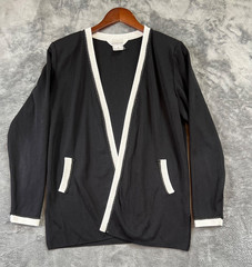 Misook Cardigan Womens Medium Black Signature Knit Open Front Contrast Trim