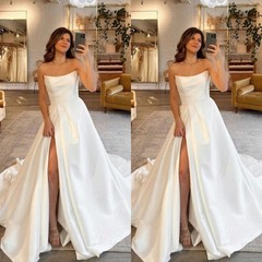 Classic Wedding Dresses Side Slit Satin Strapless Sweep Train Bridal Gowns