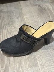 Coach Black Signature Logo Canvas & Leather Mule Slip-On Studded Buckle US 8B