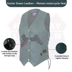 Hunter Green Women motorcycle Leather Vest Biker Club Conceale Carry #14501Green
