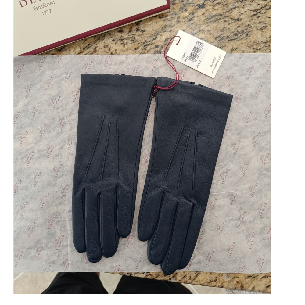 Dents Men’s Navy Leather Gloves Silk Lined Wrist Length Size 7
