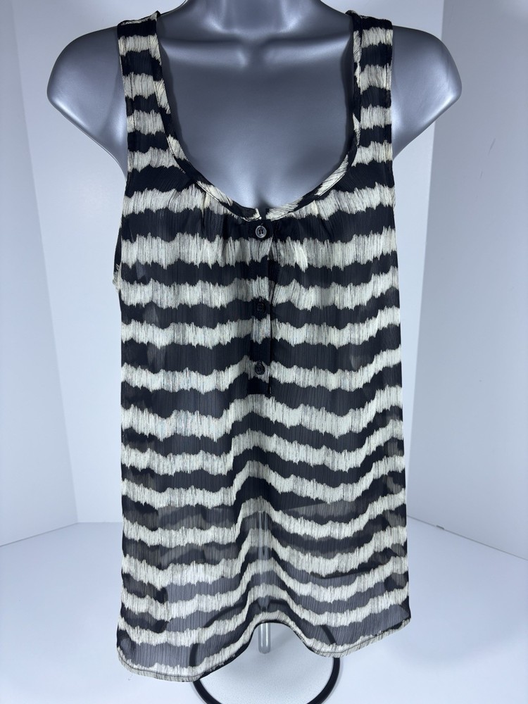 Aqua Womens Small Striped Racerback Tank Top Black Ivory Button Front Sheer